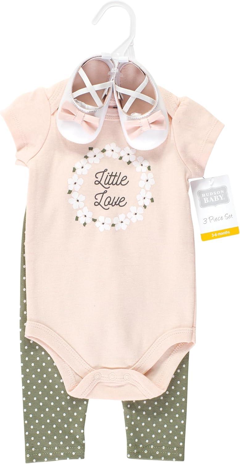 imageHudson Baby Unisex Baby Cotton Bodysuit Pant and Shoe SetSage Floral Wreath Short Sleeve