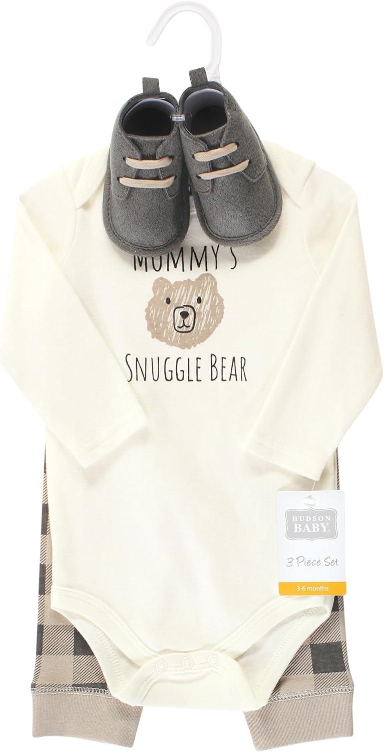 imageHudson Baby Unisex Baby Cotton Bodysuit Pant and Shoe SetSnuggle Bear Long Sleeve