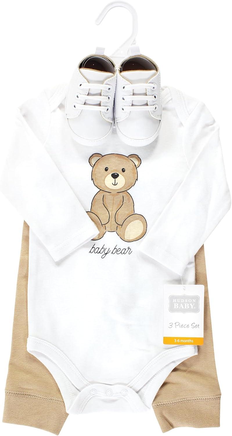 imageHudson Baby Unisex Baby Cotton Bodysuit Pant and Shoe SetTeddy Bears Long Sleeve