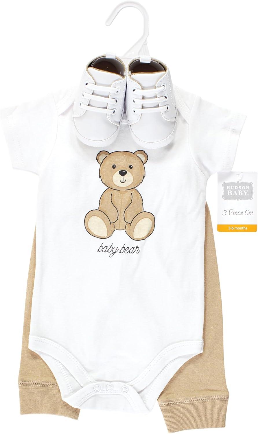 imageHudson Baby Unisex Baby Cotton Bodysuit Pant and Shoe SetTeddy Bears Short Sleeve