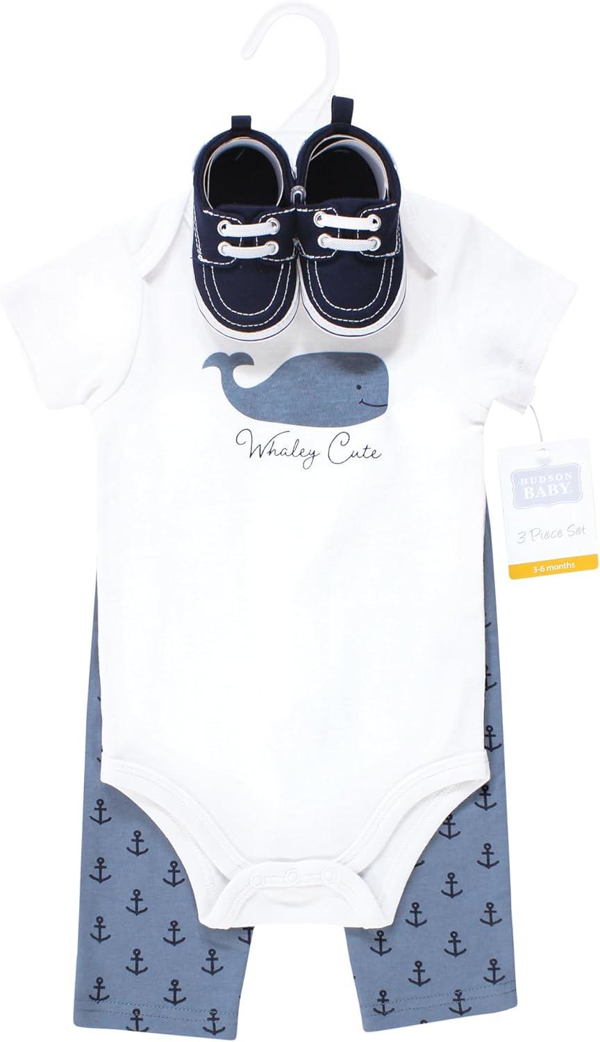 imageHudson Baby Unisex Baby Cotton Bodysuit Pant and Shoe SetWhaley Cute Anchor