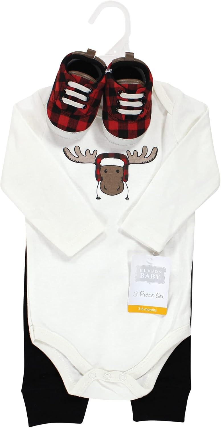 imageHudson Baby Unisex Baby Cotton Bodysuit Pant and Shoe SetWinter Moose