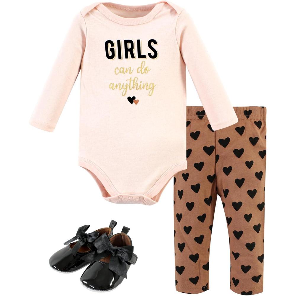 imageHudson Baby Unisex Baby Cotton Bodysuit Pant and Shoe SetCinnamon Hearts Long Sleeve
