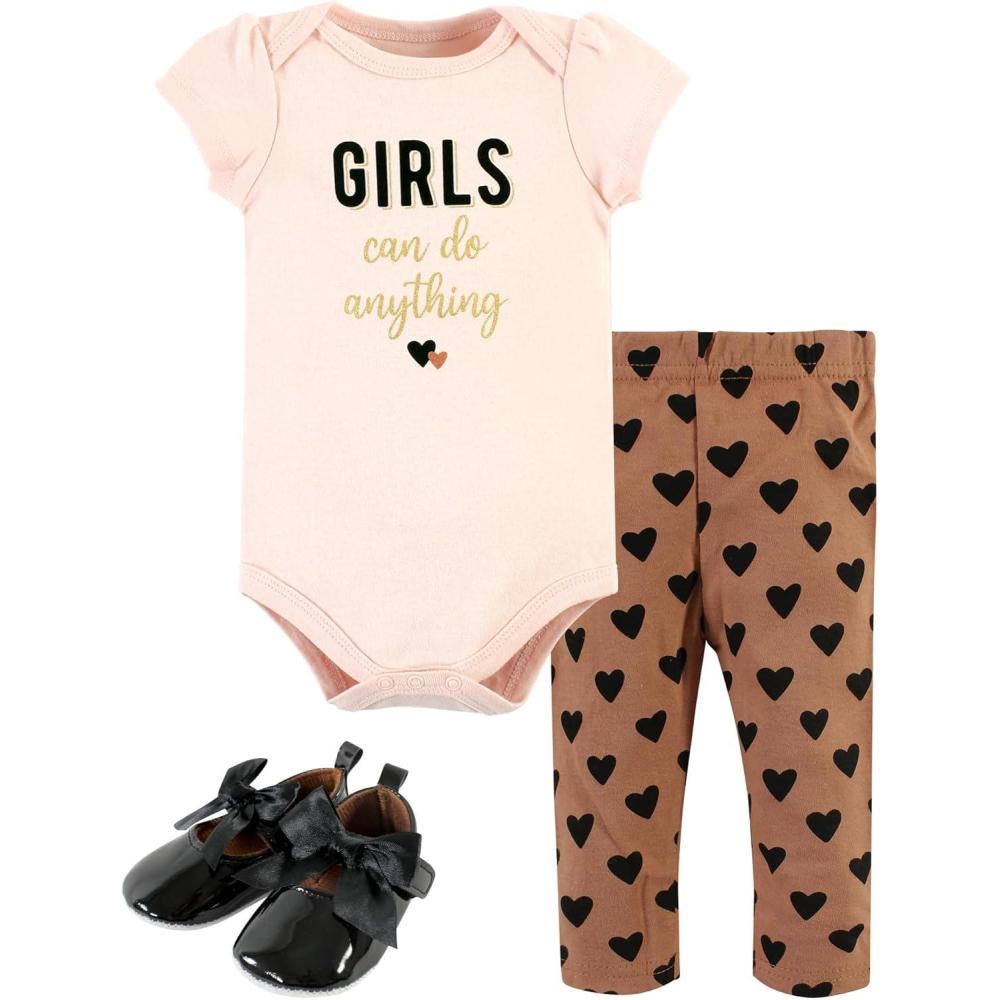 imageHudson Baby Unisex Baby Cotton Bodysuit Pant and Shoe SetCinnamon Hearts Short Sleeve