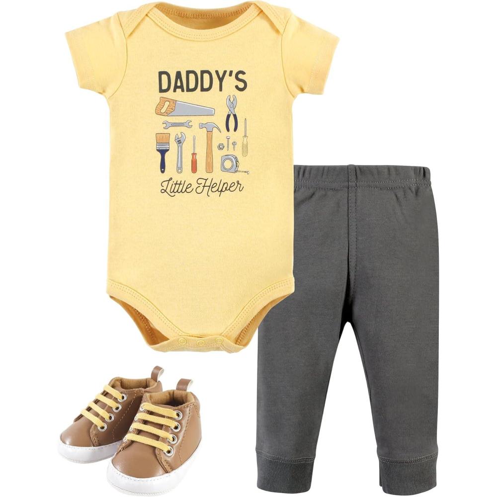 imageHudson Baby Unisex Baby Cotton Bodysuit Pant and Shoe SetConstruction Work Short Sleeve