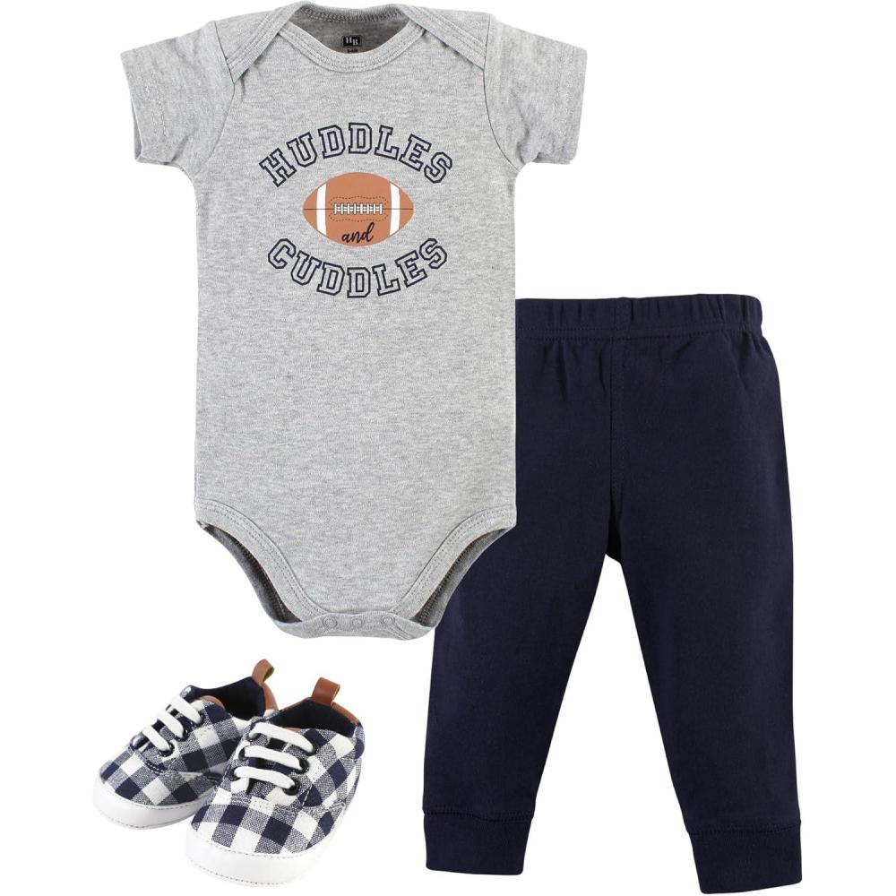 imageHudson Baby Unisex Baby Cotton Bodysuit Pant and Shoe SetFootball Huddles Short Sleeve