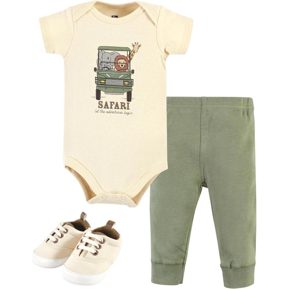 imageHudson Baby Unisex Baby Cotton Bodysuit Pant and Shoe SetGoing on Safari Short Sleeve