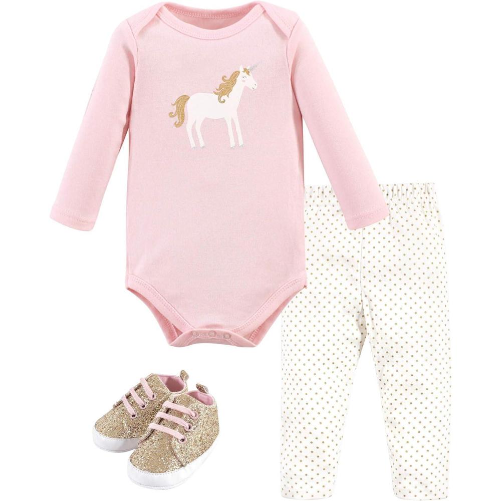 imageHudson Baby Unisex Baby Cotton Bodysuit Pant and Shoe SetGold Unicorn