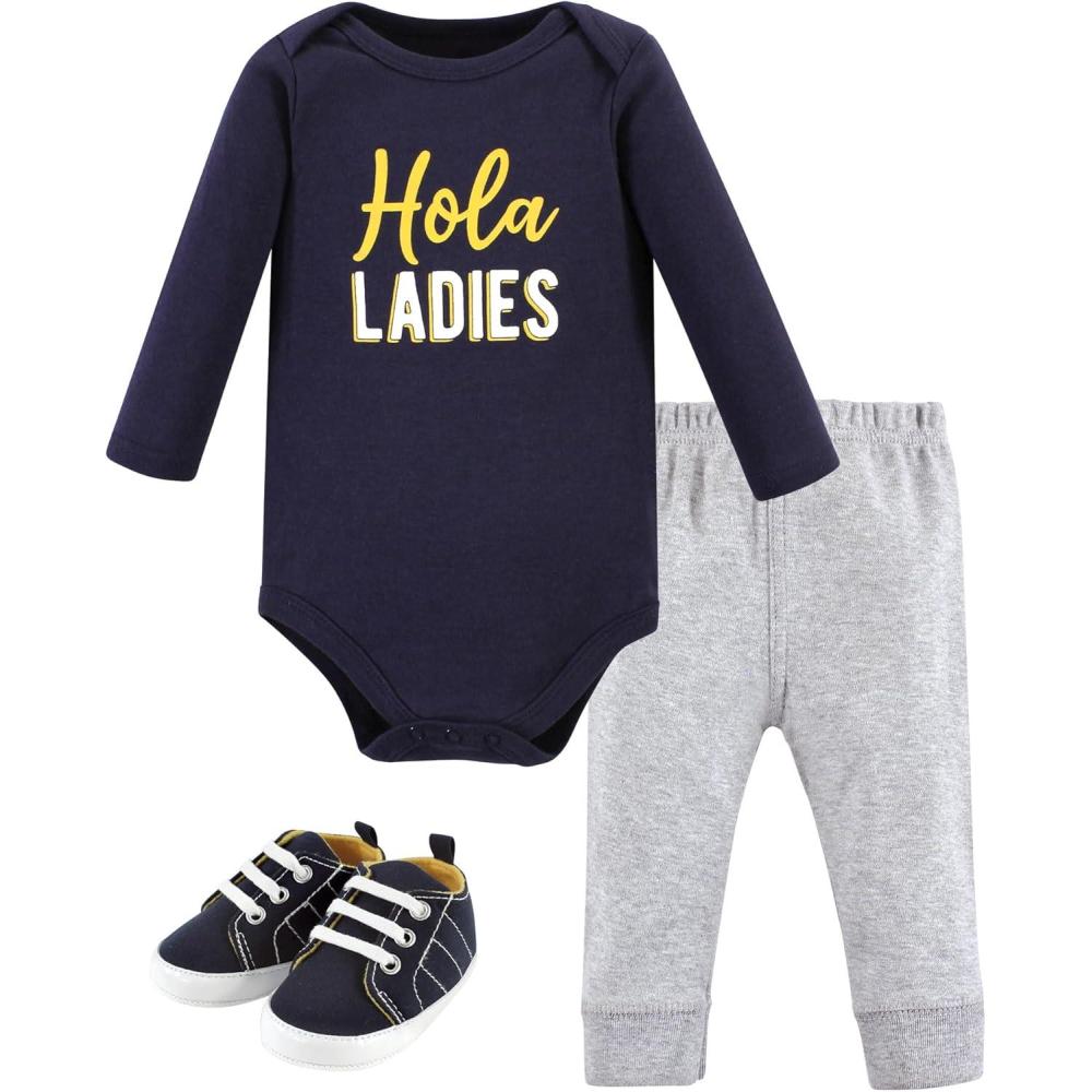 imageHudson Baby Unisex Baby Cotton Bodysuit Pant and Shoe SetHola Ladies Long Sleeve
