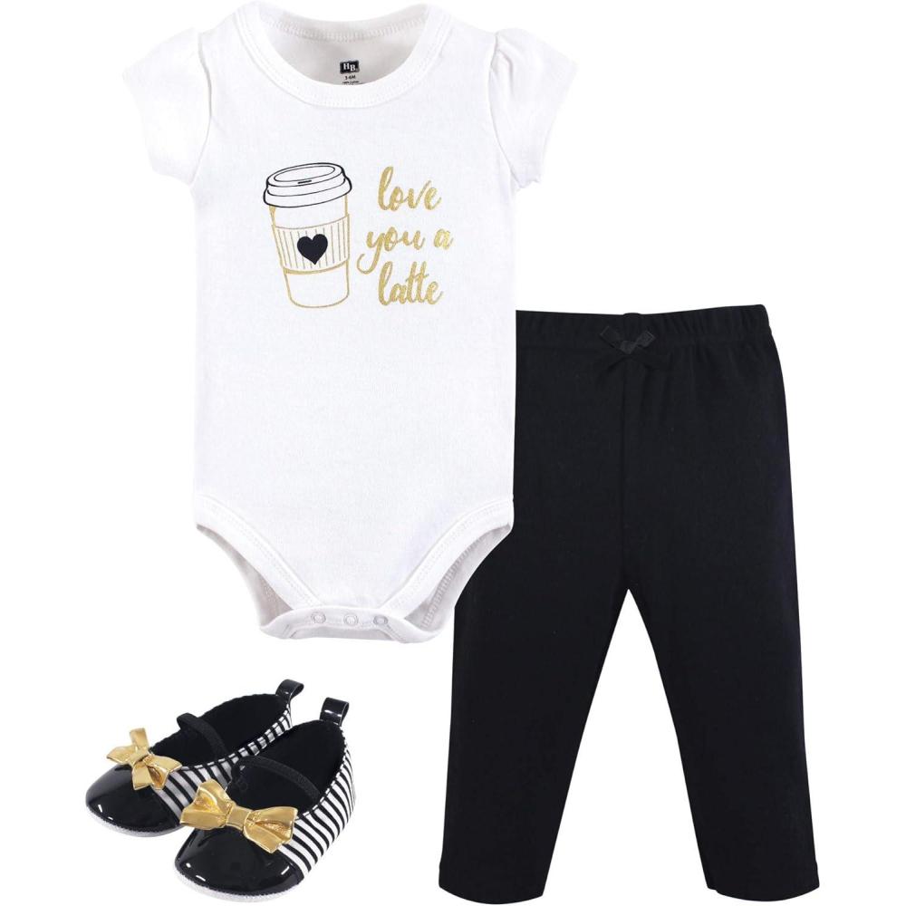imageHudson Baby Unisex Baby Cotton Bodysuit Pant and Shoe SetLatte