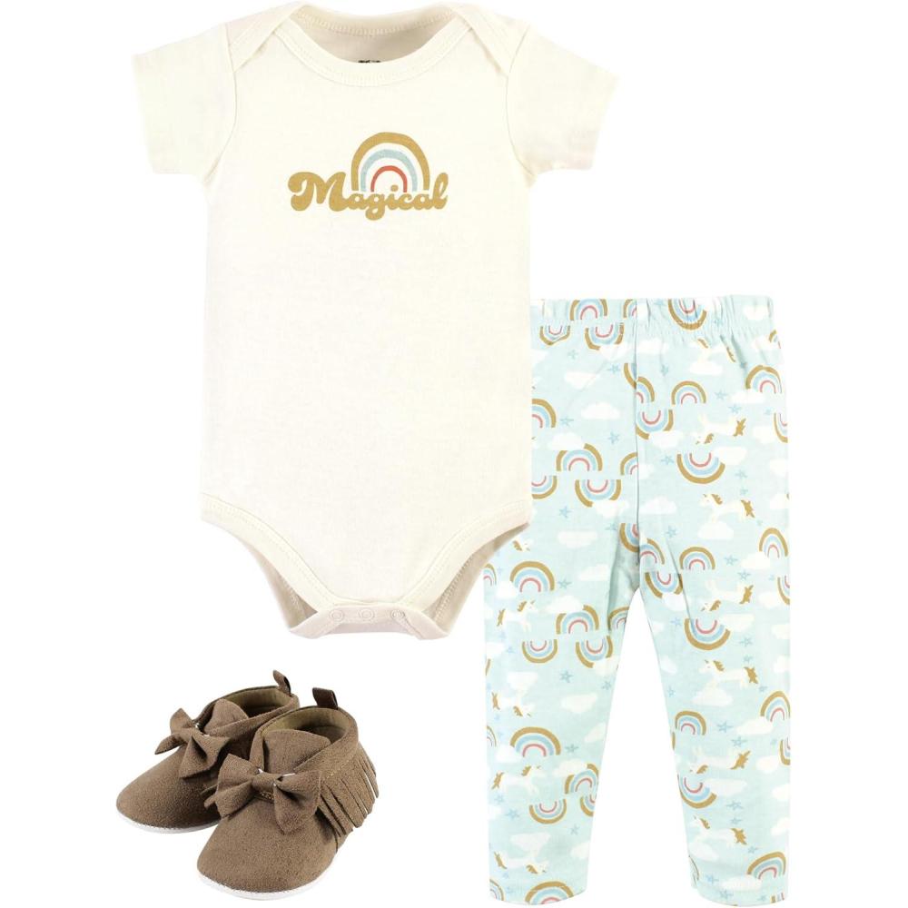 imageHudson Baby Unisex Baby Cotton Bodysuit Pant and Shoe SetMagical Rainbow Short Sleeve