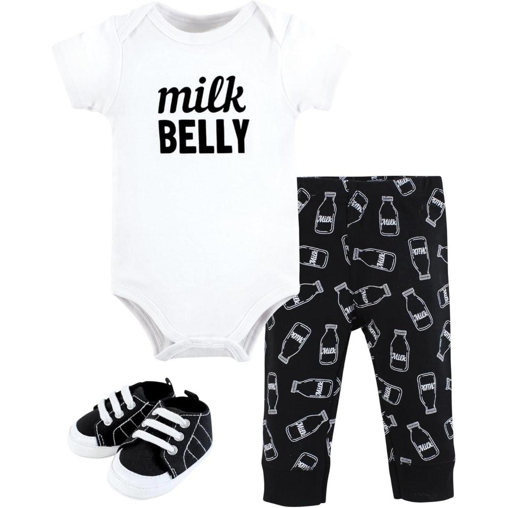 imageHudson Baby Unisex Baby Cotton Bodysuit Pant and Shoe SetModern Milk Belly