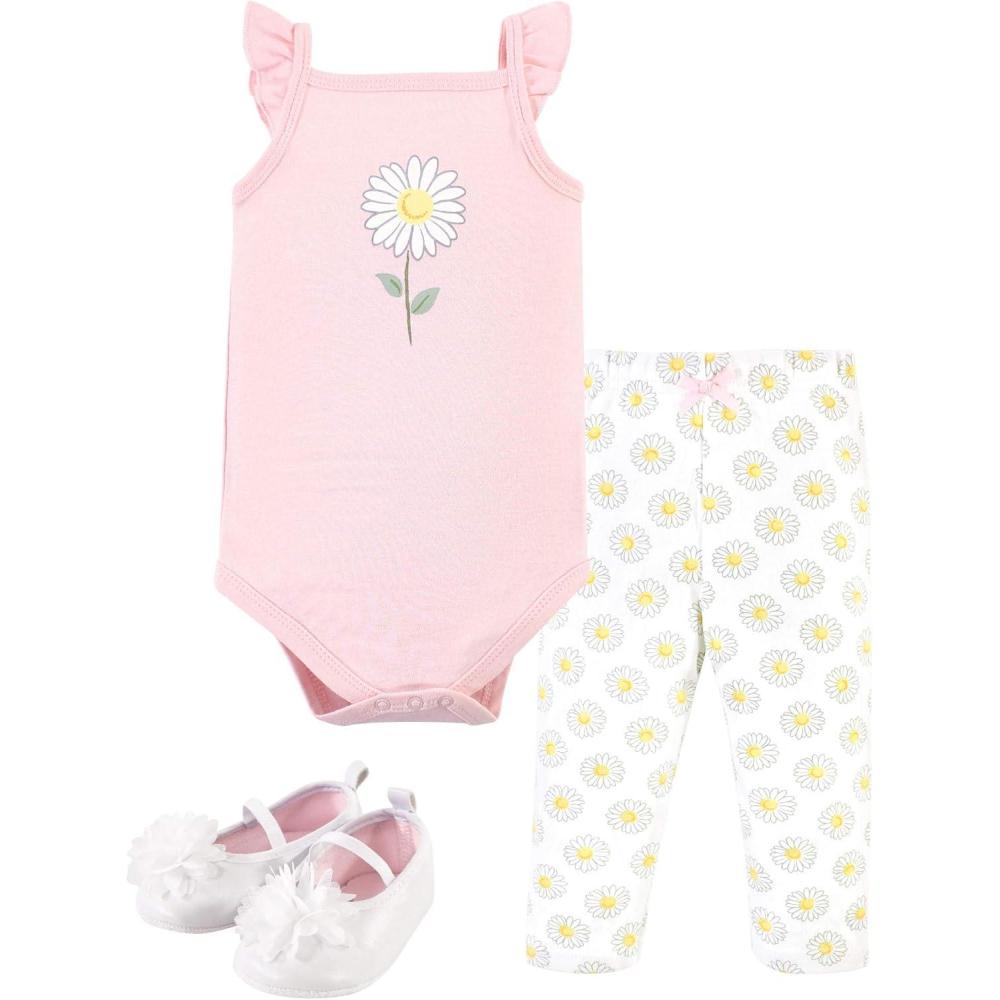 imageHudson Baby Unisex Baby Cotton Bodysuit Pant and Shoe SetPink Daisy