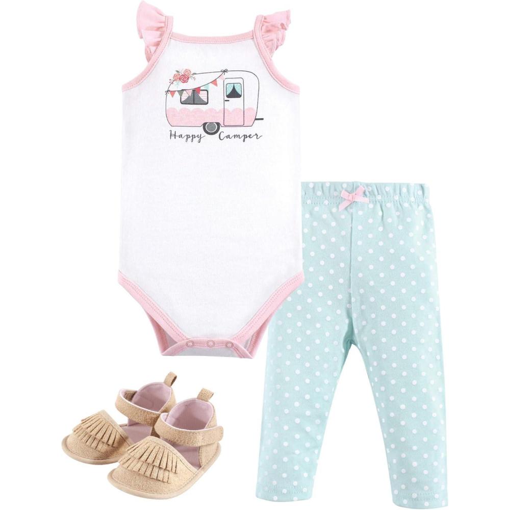 imageHudson Baby Unisex Baby Cotton Bodysuit Pant and Shoe SetPink Happy Camper