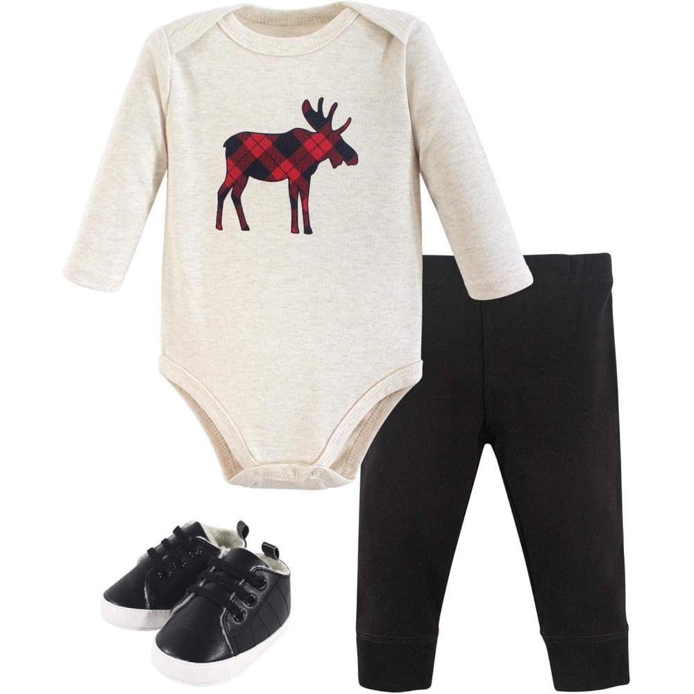 imageHudson Baby Unisex Baby Cotton Bodysuit Pant and Shoe SetPlaid Moose