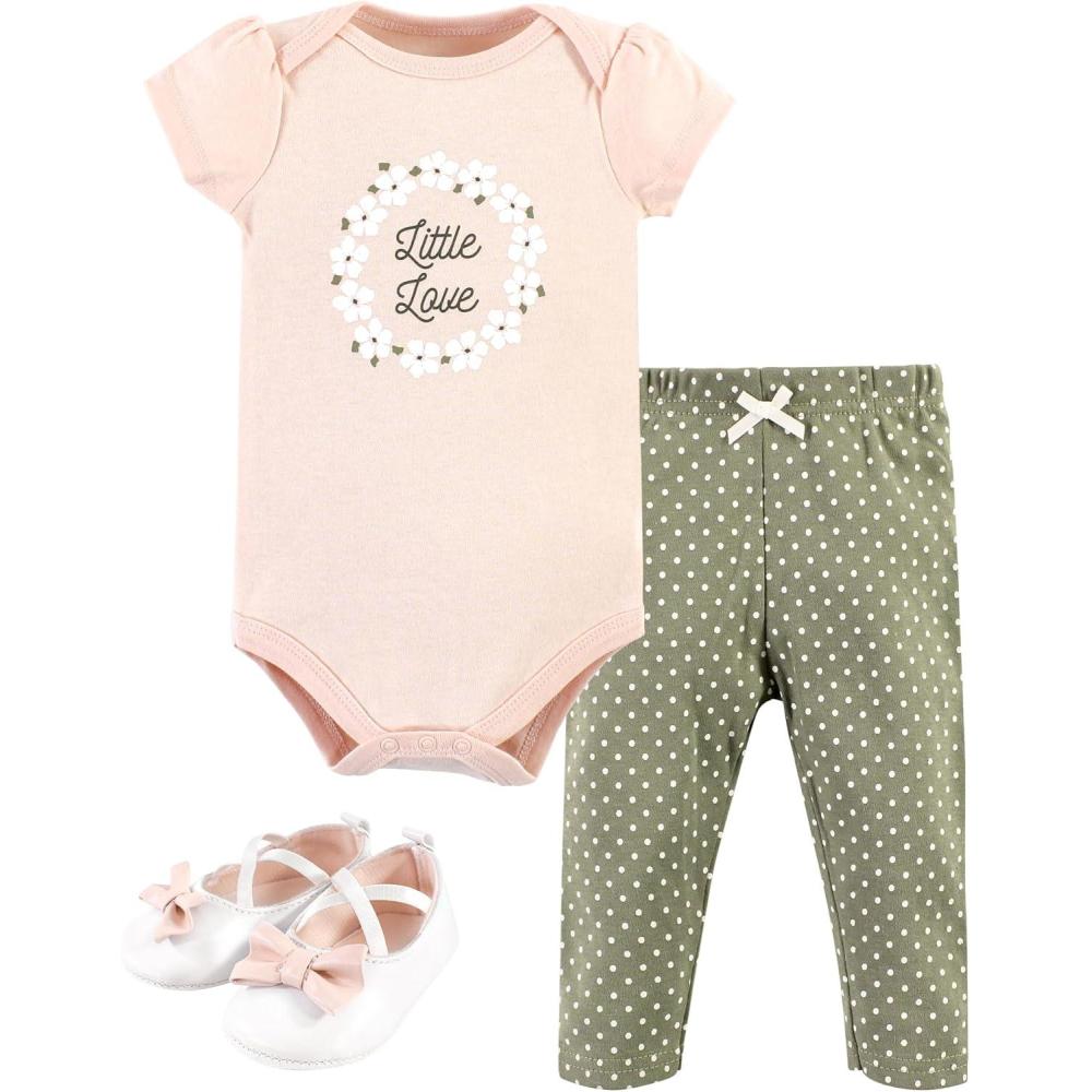 imageHudson Baby Unisex Baby Cotton Bodysuit Pant and Shoe SetSage Floral Wreath Short Sleeve