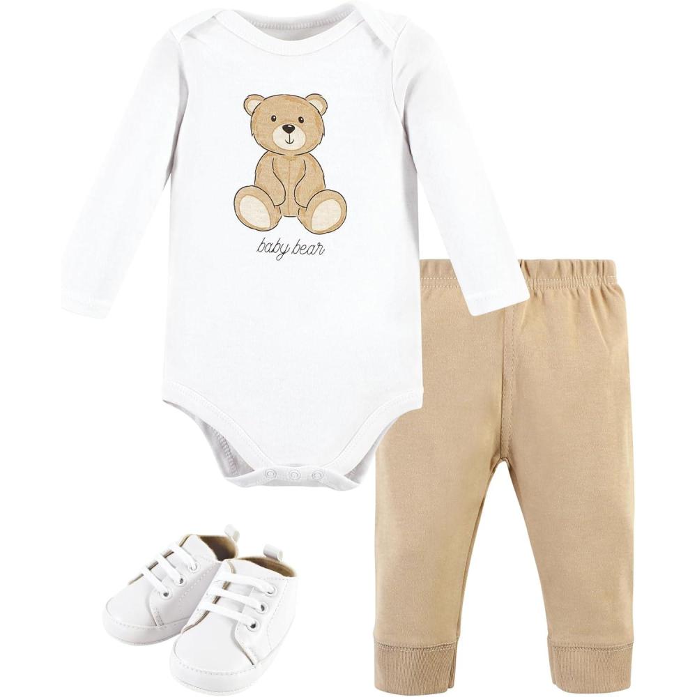 imageHudson Baby Unisex Baby Cotton Bodysuit Pant and Shoe SetTeddy Bears Long Sleeve