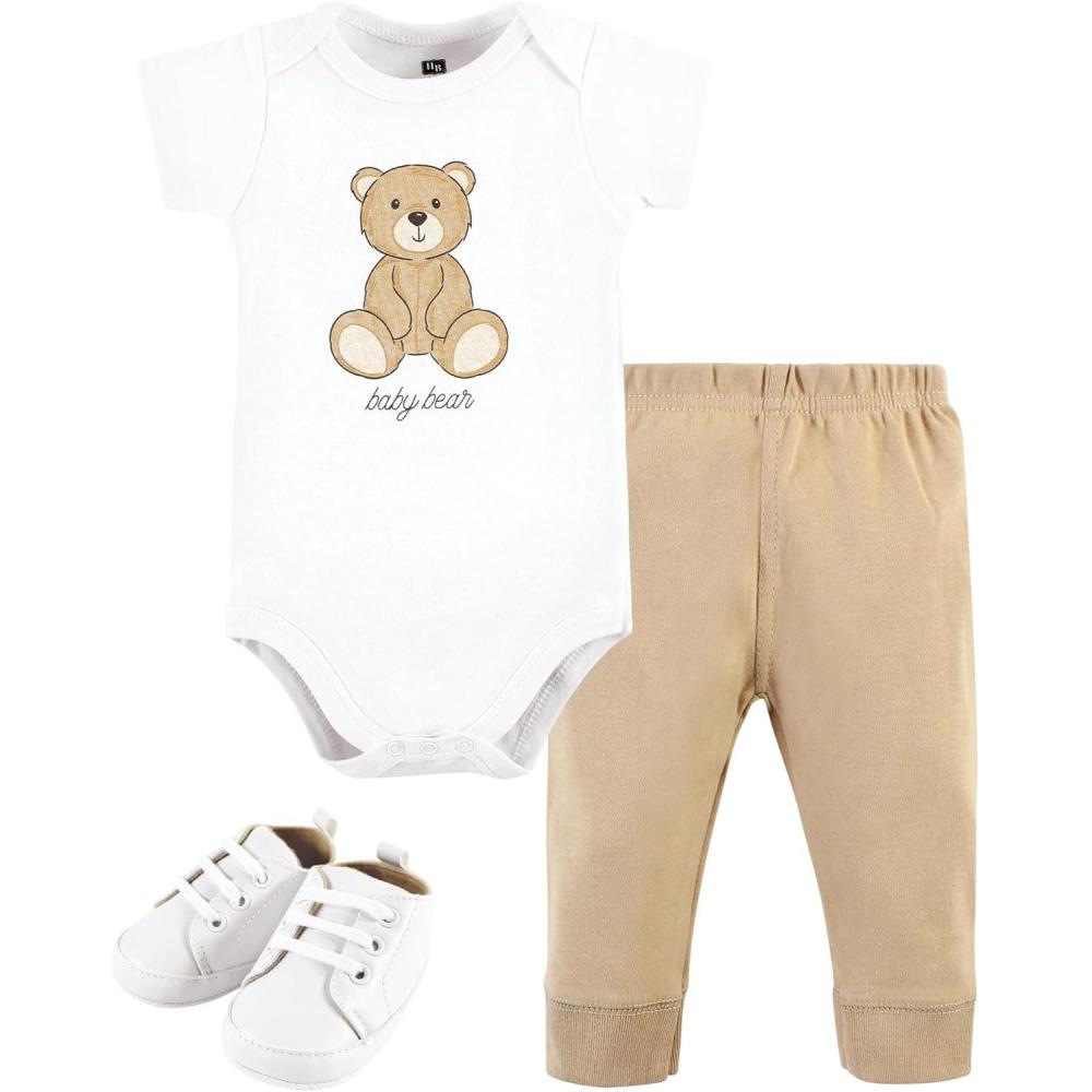 imageHudson Baby Unisex Baby Cotton Bodysuit Pant and Shoe SetTeddy Bears Short Sleeve