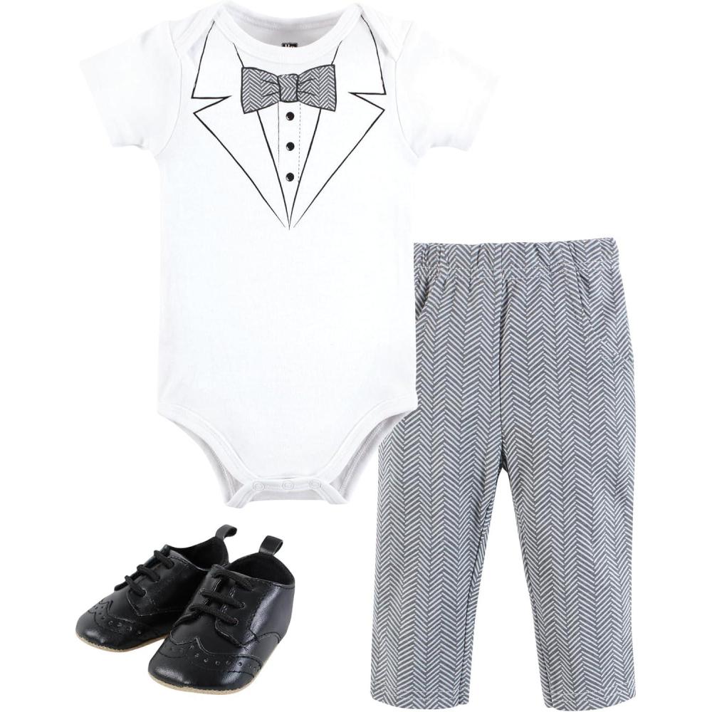 imageHudson Baby Unisex Baby Cotton Bodysuit Pant and Shoe SetTweed Bow Tie