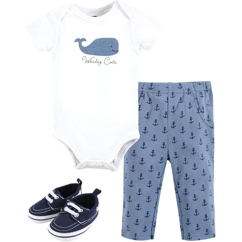 imageHudson Baby Unisex Baby Cotton Bodysuit Pant and Shoe SetWhaley Cute Anchor