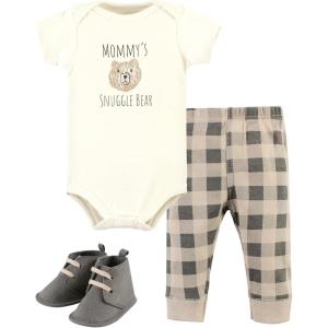 imageHudson Baby Unisex Baby Cotton Bodysuit Pant and Shoe SetSnuggle Bear Short Sleeve