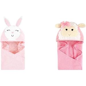 imageHudson Baby Girl Cotton Animal Face Hooded Towel 2Pack Pretty Elephant Modern GiraffePink Bunny Lamb