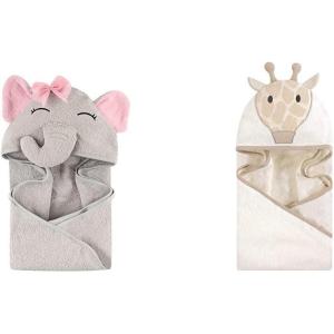 imageHudson Baby Girl Cotton Animal Face Hooded Towel 2Pack Pretty Elephant Modern GiraffePretty Elephant Modern Giraffe