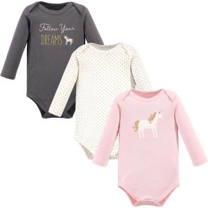 image:imageHudson Baby Baby Girls Cotton Longsleeve Bodysuits 3packGold Unicorn