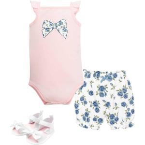 image:imageHudson Baby Unisex Baby Cotton Bodysuit Shorts and Shoe SetBlue Pink Rose Bow