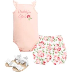 image:imageHudson Baby Unisex Baby Cotton Bodysuit Shorts and Shoe SetCoral Floral