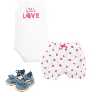 image:imageHudson Baby Unisex Baby Cotton Bodysuit Shorts and Shoe SetHot Pink Strawberry Love