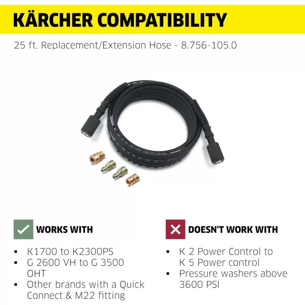 Kärcher - 25' High Pressure Replacement/Extension Hose for Pressure Washers - 3600 PSI - Adapters Included - Quick Connect/M22