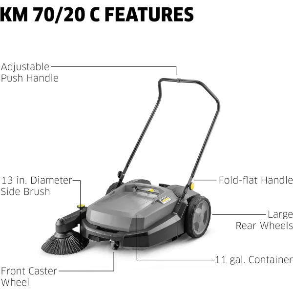 Kärcher Commercial Push Sweeper with Two Sided Bristle Brushes 12 Gallon - 38.5" Working Width - Perfect for Dry and Wet Conditions - Professional Outdoor Sweeper - KM 70/20 C 2SB