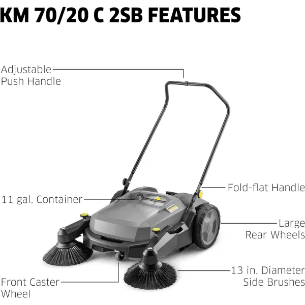 Kärcher Commercial Push Sweeper with Two Sided Bristle Brushes 12 Gallon - 38.5" Working Width - Perfect for Dry and Wet Conditions - Professional Outdoor Sweeper - KM 70/20 C 2SB