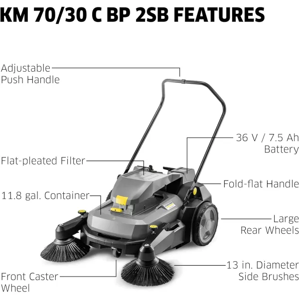 Kärcher Commercial Push Sweeper with Two Sided Bristle Brushes 12 Gallon - 38.5" Working Width - Perfect for Dry and Wet Conditions - Professional Outdoor Sweeper - KM 70/20 C 2SB