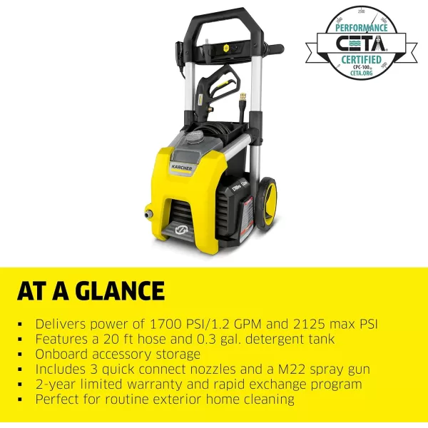 Kärcher K1700 Max 2125 PSI Electric Pressure Washer with 3 Spray Nozzles - Great for cleaning Cars, Siding, Driveways, Fencing and more - 1.2 GPM