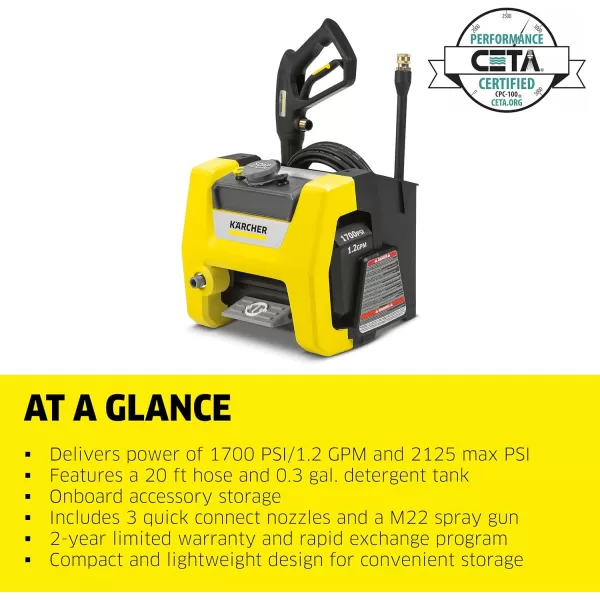 Kärcher K1700 Max 2125 PSI Electric Pressure Washer with 3 Spray Nozzles - Great for cleaning Cars, Siding, Driveways, Fencing and more - 1.2 GPM