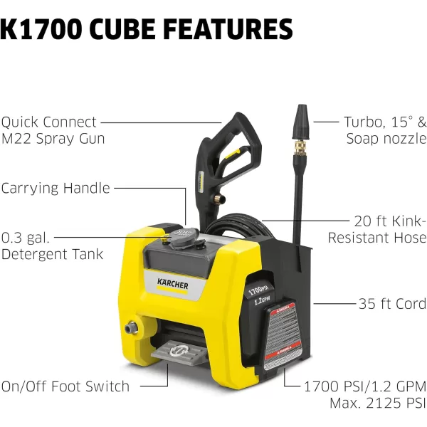 Kärcher K1700 Max 2125 PSI Electric Pressure Washer with 3 Spray Nozzles - Great for cleaning Cars, Siding, Driveways, Fencing and more - 1.2 GPM
