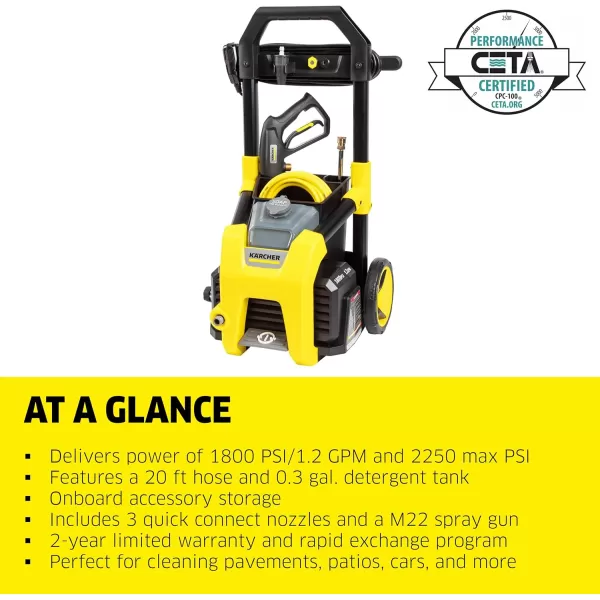 Kärcher K1800PS Max 2250 PSI Electric Pressure Washer with 3 Spray Nozzles - Great for cleaning Cars, Siding, Driveways, Fencing and more - 1.2 GPM