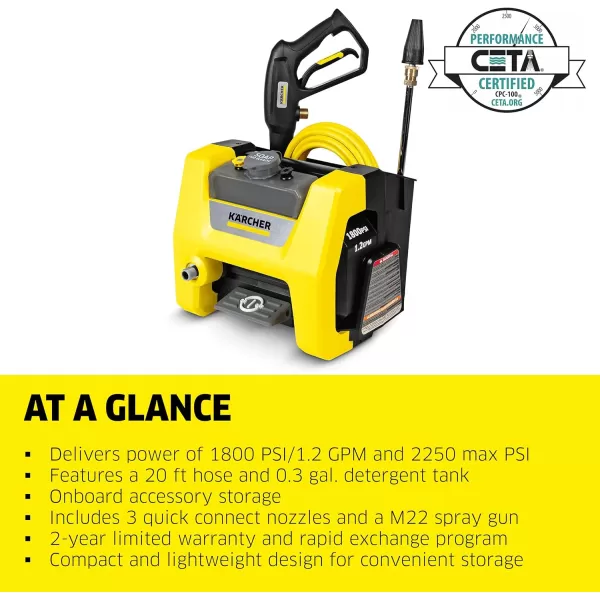Kärcher K1800PS Max 2250 PSI Electric Pressure Washer with 3 Spray Nozzles - Great for cleaning Cars, Siding, Driveways, Fencing and more - 1.2 GPM