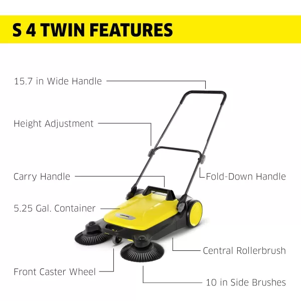 Kärcher - S 4 Twin Walk-Behind Outdoor Hand Push Sweeper - 5.25 Gallon Capacity - 26.8" Sweeping Width - Sweeps up to 26,000 ft²/Hour,Yellow