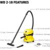 imageKrcher WD 218 Battery Powered Wet Dry Shop Vacuum Cleaner with Blower Function ampamp Attachements Multi Purpose 225 W Cartridge Filter Fleece Bag Floor ampamp Crevice Nozzle 32 Gal  Tool OnlyWD 218 Tool Only