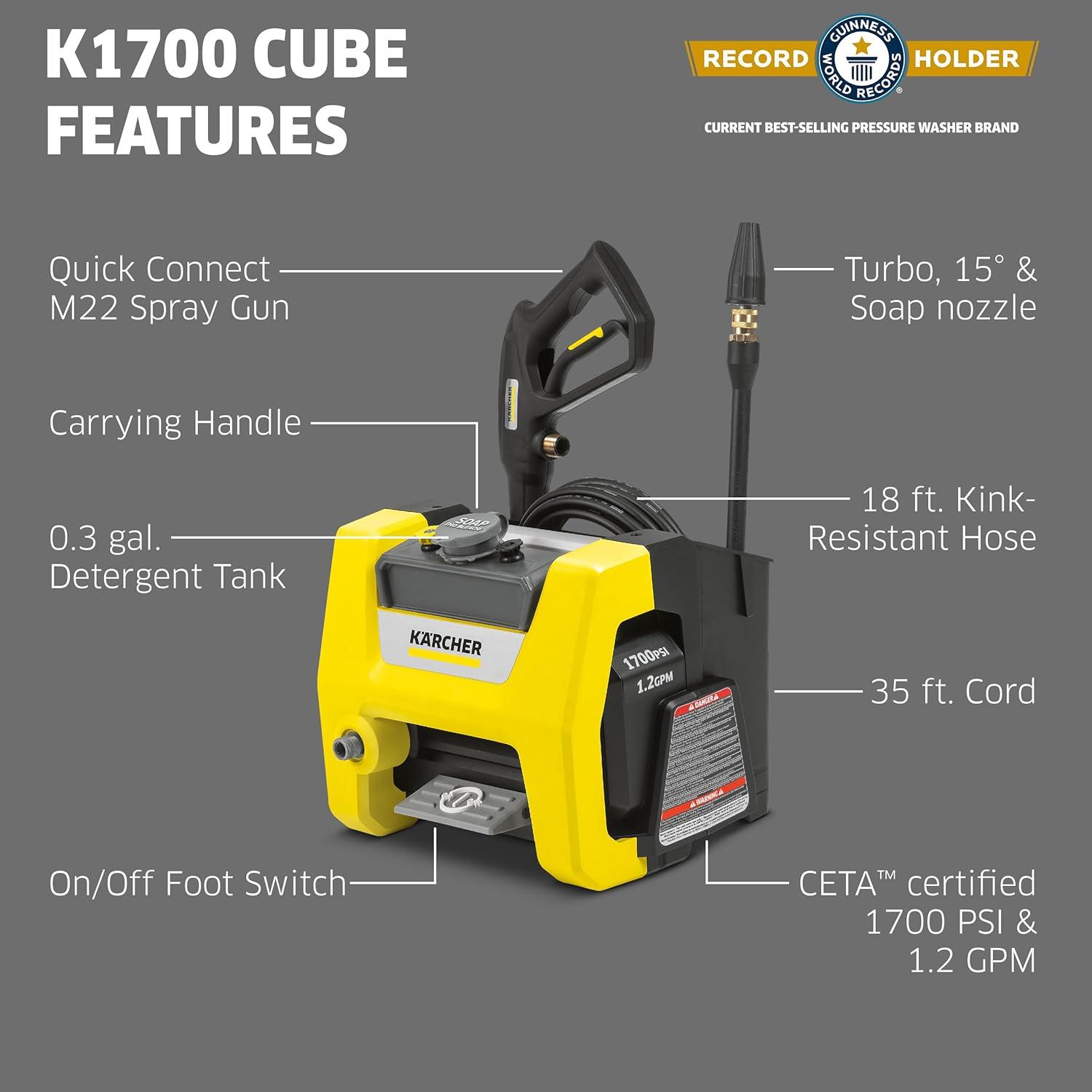 image:imageKrcher Pressure Washer K1700PSB Cube 3 Spray Nozzles Detergent Tank for Cars Driveways Siding Patios 1700 PSI 146 max GPM BlackYellow