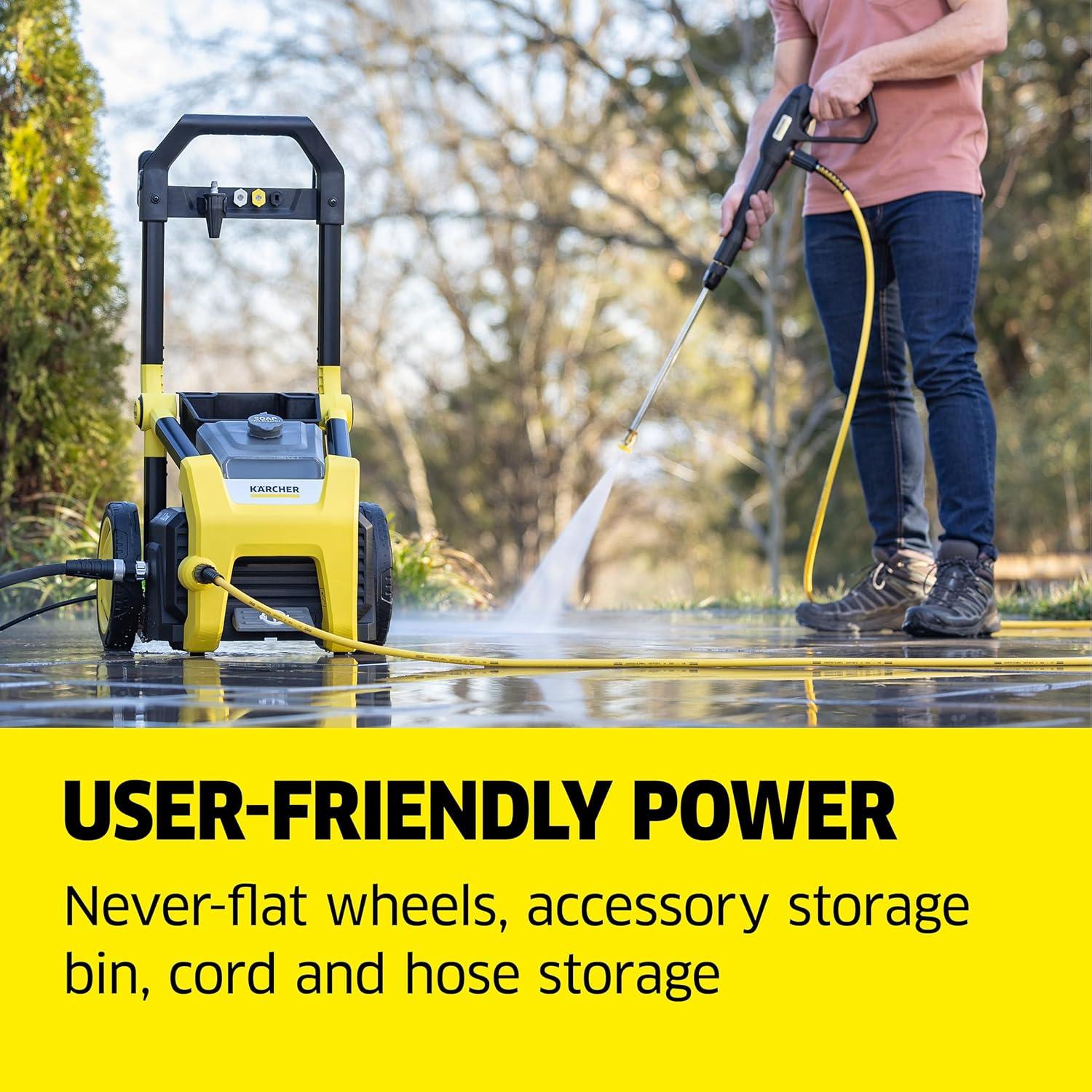 image:imageKrcher Pressure Washer K2300PSB 4 Spray Nozzles Detergent Tank Hose Reel for Cars Driveways Siding Patios 207 max GPMYellow