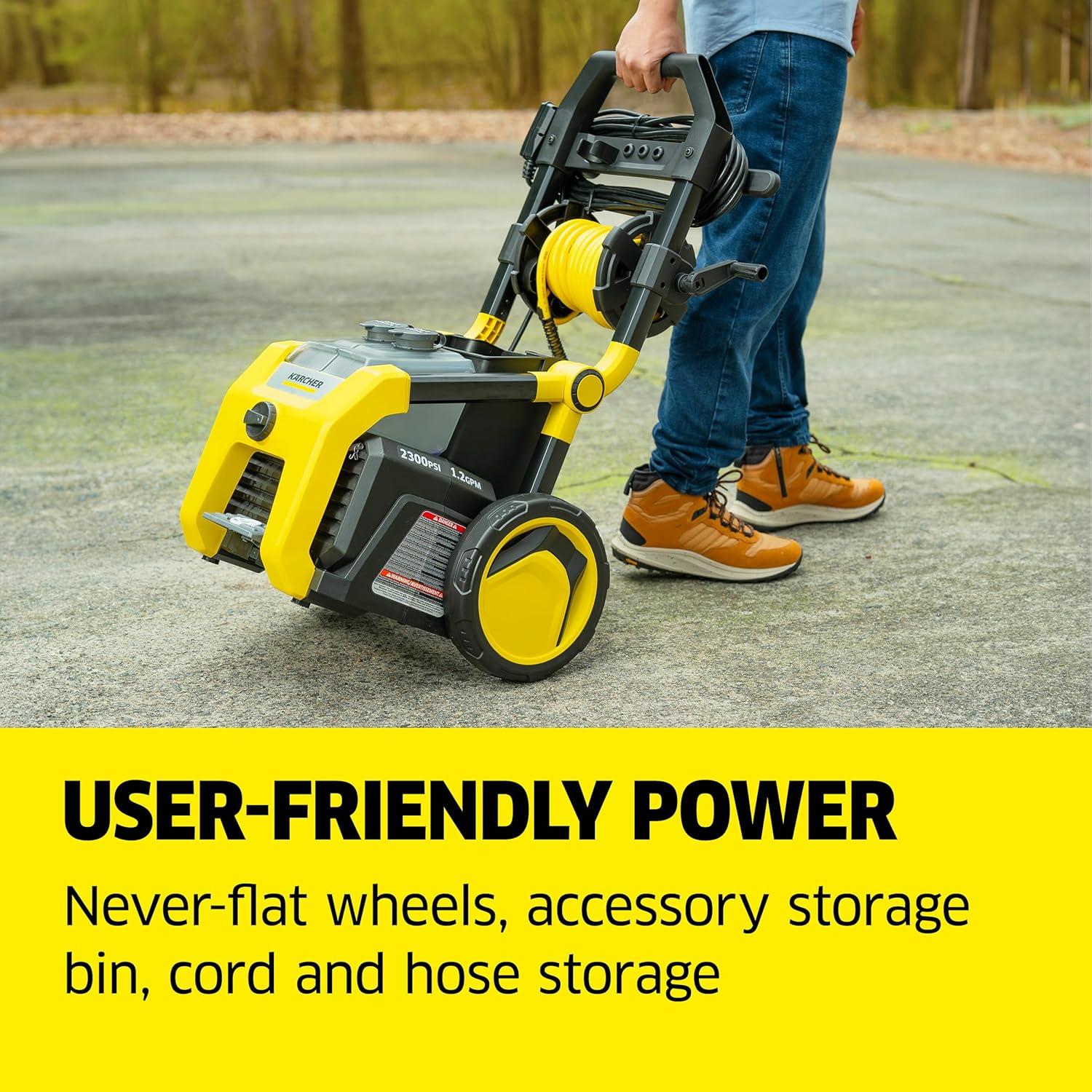 image:imageKrcher Pressure Washer K2300PSB 4 Spray Nozzles Detergent Tank Hose Reel for Cars Driveways Siding Patios 207 max GPMYellow