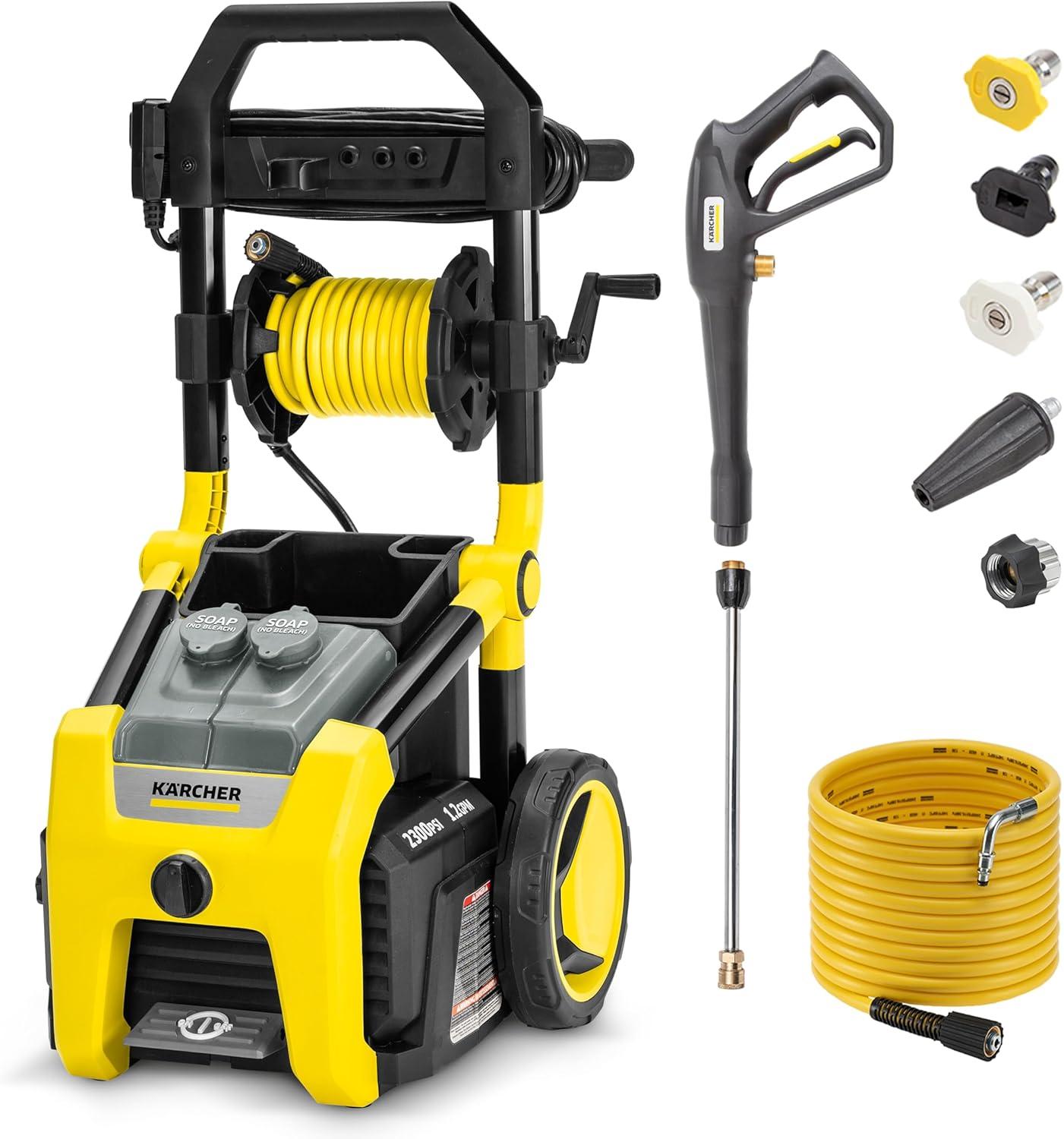 image:imageKrcher Pressure Washer K2300PSB 4 Spray Nozzles Detergent Tank Hose Reel for Cars Driveways Siding Patios 207 max GPMYellow