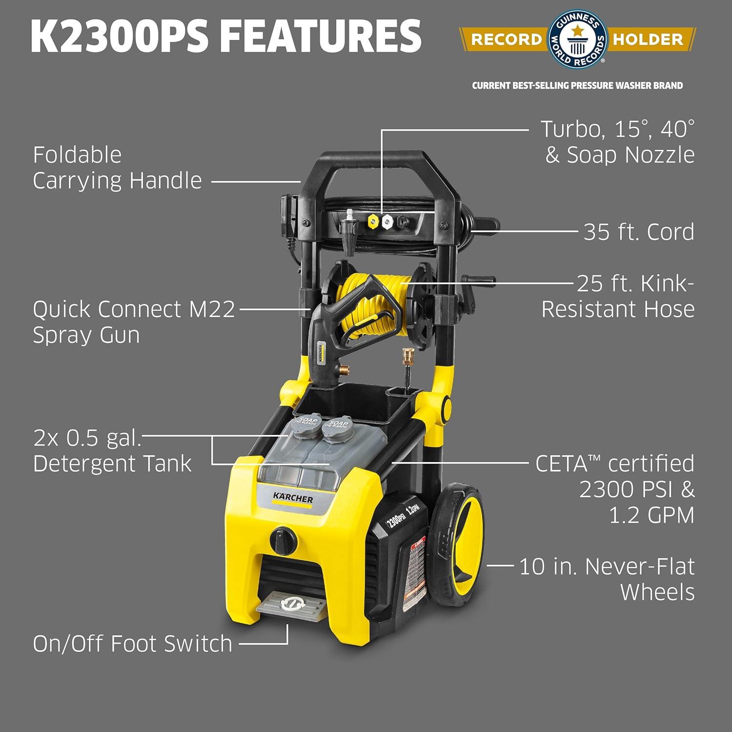 image:imageKrcher Pressure Washer K2300PSB 4 Spray Nozzles Detergent Tank Hose Reel for Cars Driveways Siding Patios 207 max GPMYellow