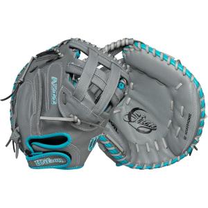 image:imageWilson 2024 A500 Siren 32 Youth Fastpitch Softball Catchers Mitt  Right Hand Throw GreyTealWhite32