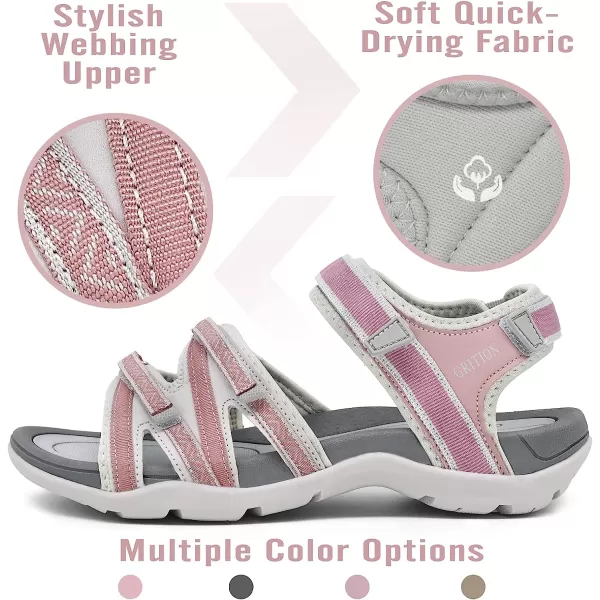 imageGRITION Hiking Sandals for Women Comfortable Summer Sports Walking Sandals with Hook and Loop Strap Lightweight Waterproof Athletic Beach Water Sandals OutdoorGrey Pink