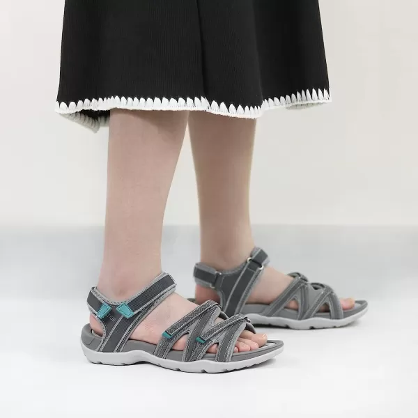 imageGRITION Hiking Sandals for Women Comfortable Summer Sports Walking Sandals with Hook and Loop Strap Lightweight Waterproof Athletic Beach Water Sandals OutdoorGrey Green